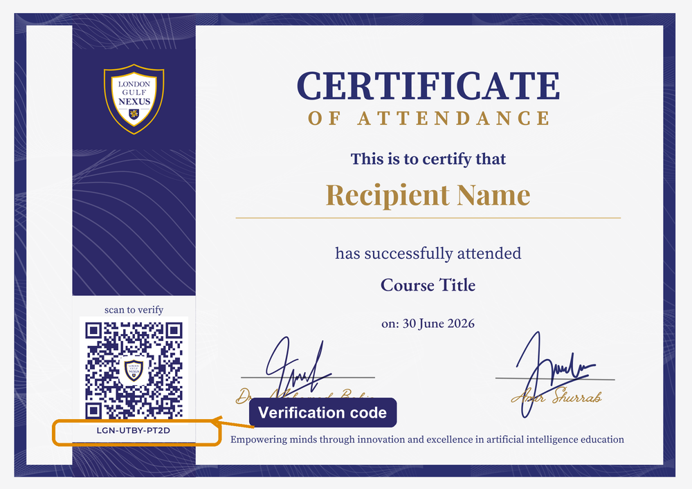 Sample London Gulf Nexus certificate with the verification code location highlighted below the QR code