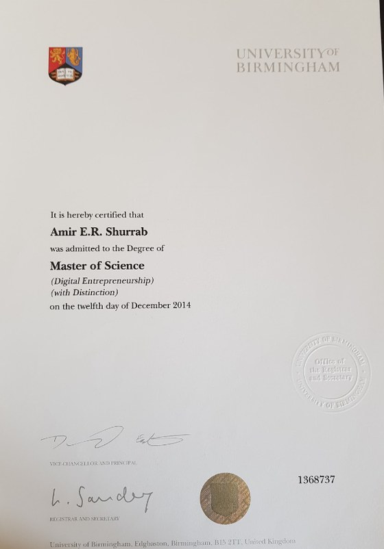 University of Birmingham MSc Digital Entrepreneurship with Distinction certificate
