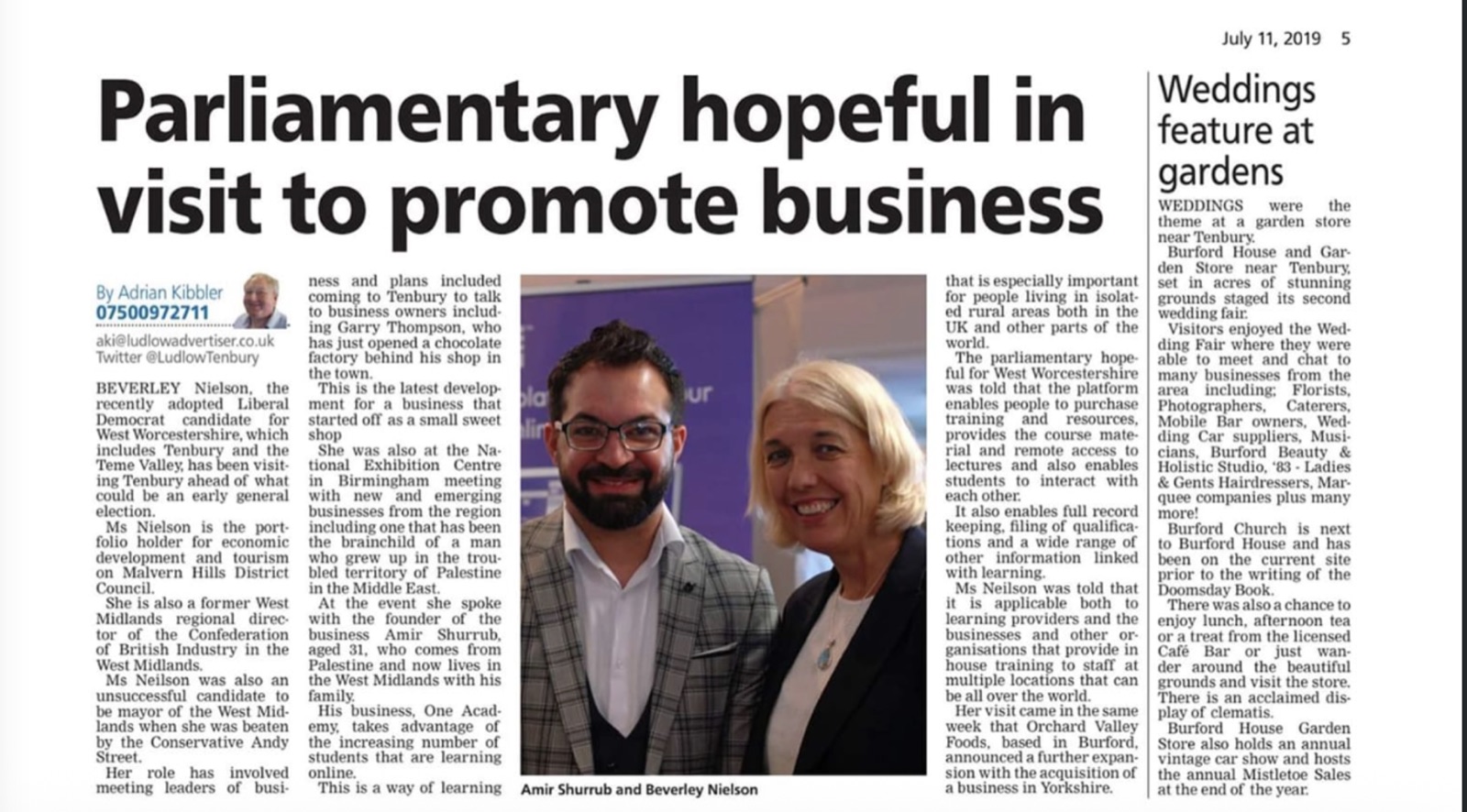 Full Ludlow Advertiser article: 'Parliamentary hopeful in visit to promote business', featuring Amir Shurrab and Beverley Nielson, July 2019